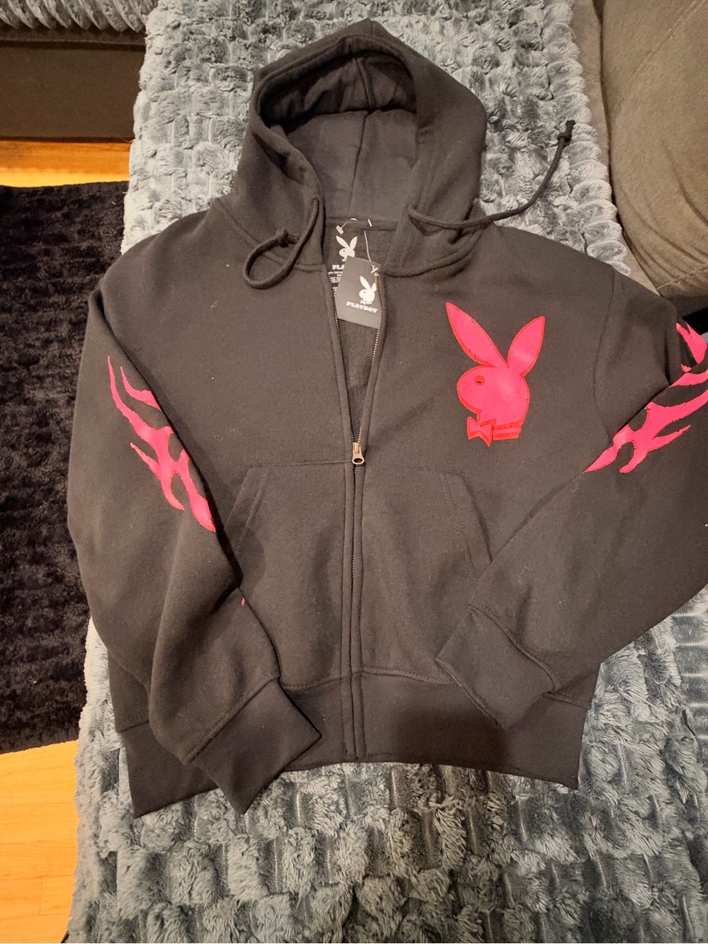 PLAYBOY Black Zip Hoodie with Pink Bunny and Sleeve Flames